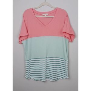 Womens Comfy Blouse Top Color Block Pink Mint Green Short Sleeves Large